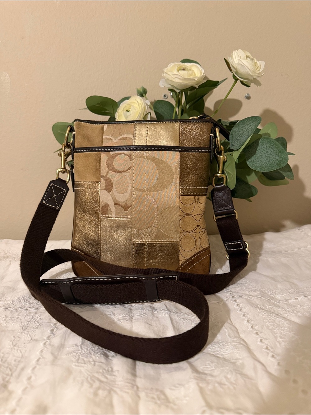 Coach Gold Patchwork Crossbody Bag with Brown Strap